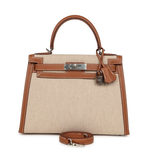 Hermes Hermes Kelly Sellier 25 Gold Swift and Ecru Beige Toile H Canvas Palladium Hardware
