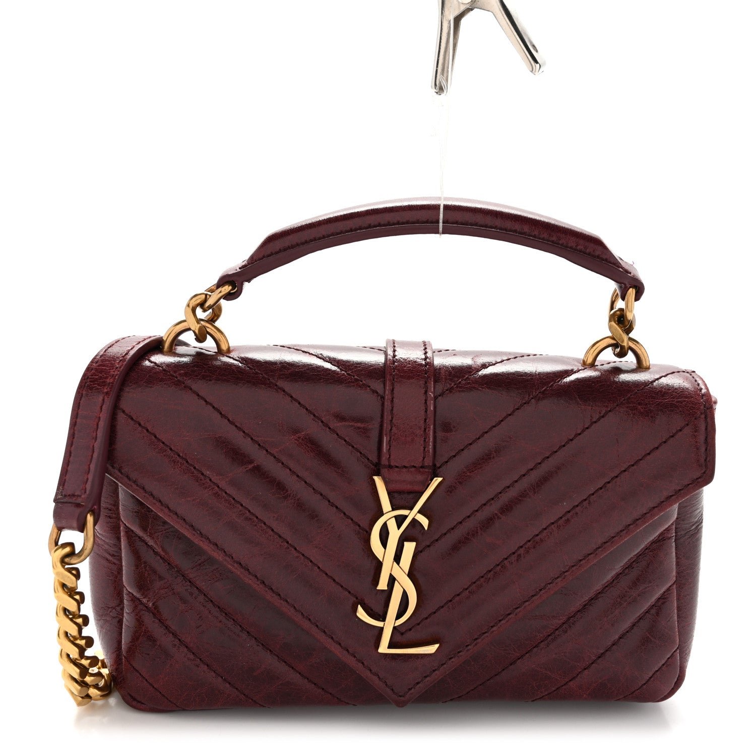 Saint Laurent Shiny Calfskin Matelasse Chevron Monogram Mini College Bag Deep Hot Wine