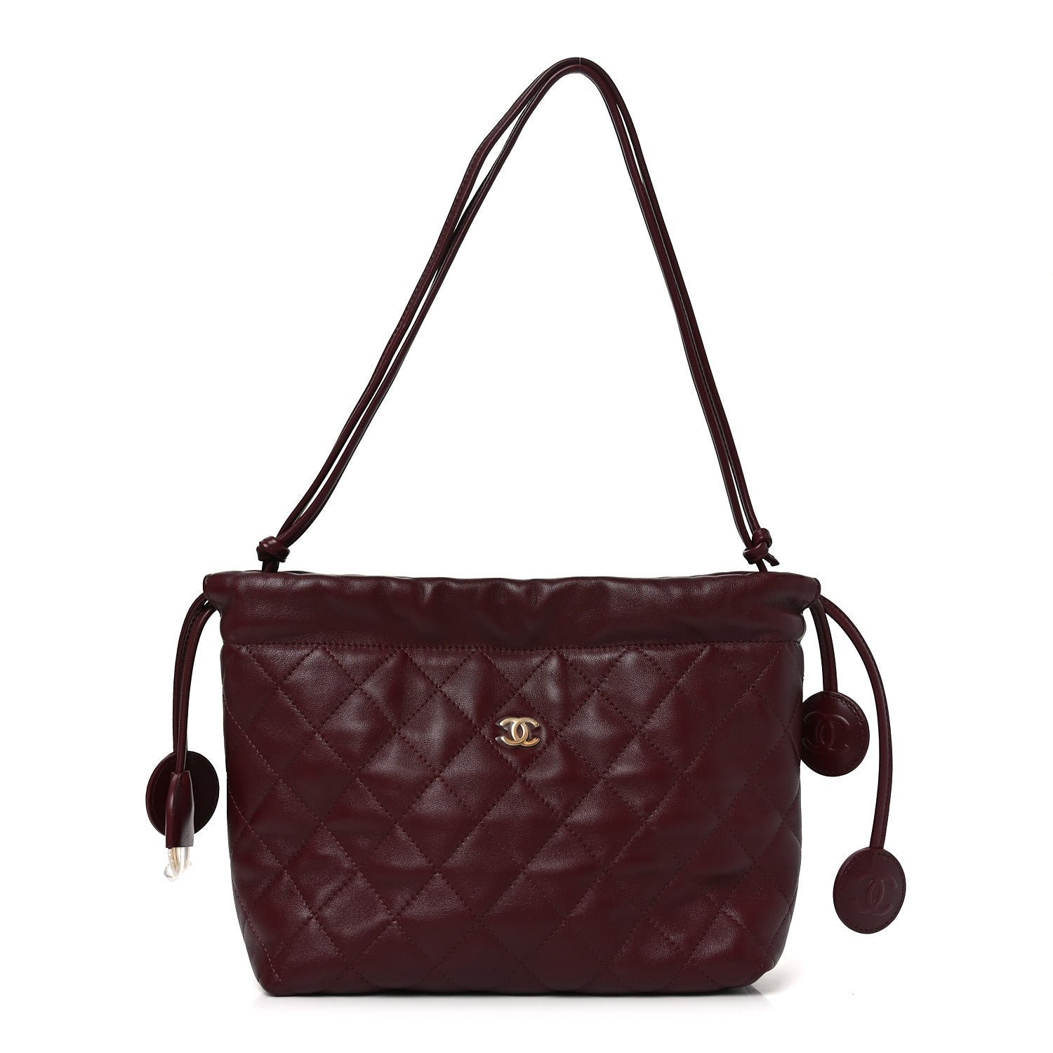 Chanel Lambskin Quilted Drawstring Clutch With Strap Dark Burgundy