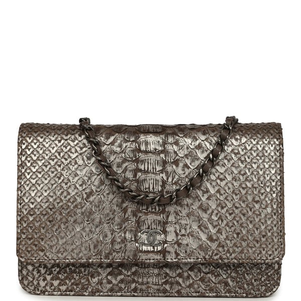 Chanel Wallet On Chain WOC Silver and Brown Aged Python Antique Silver Hardware