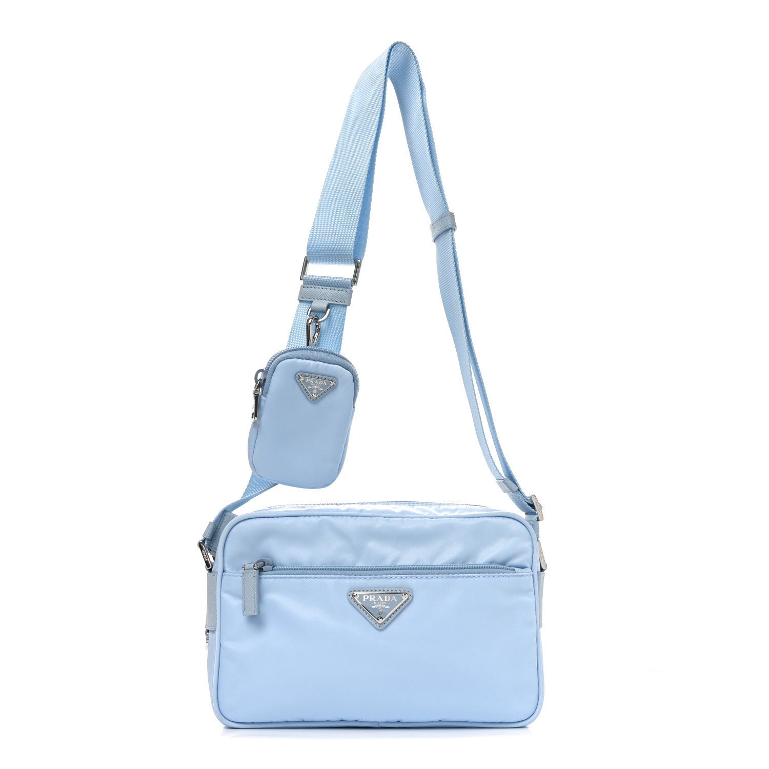 Prada Re-Nylon Vela Saffiano Pocket Double Zip Shoulder Bag Celeste
