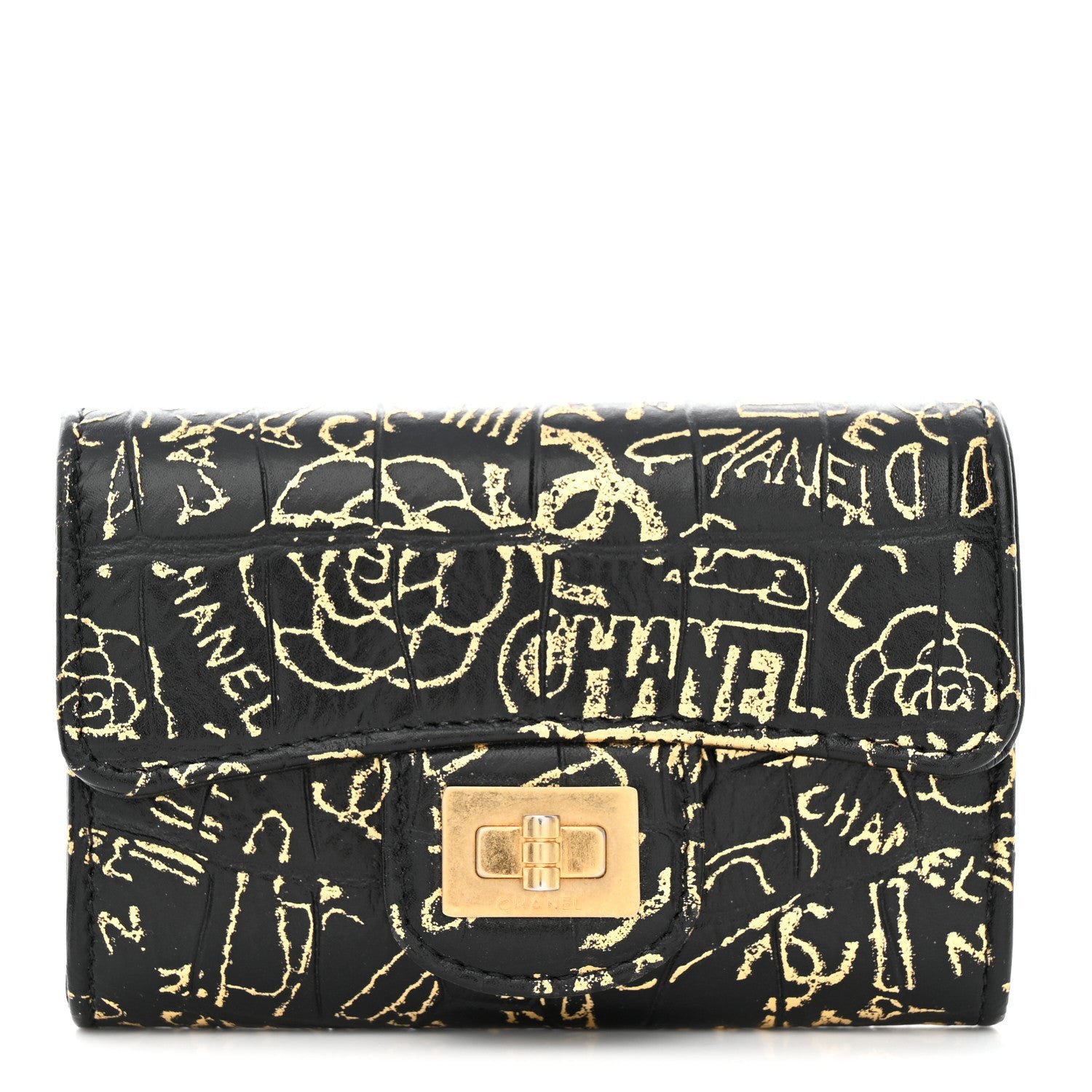 Chanel Calfskin Crocodile Embossed Graffiti 2.55 Crocodile Reissue Flap Card Holder Black Gold
