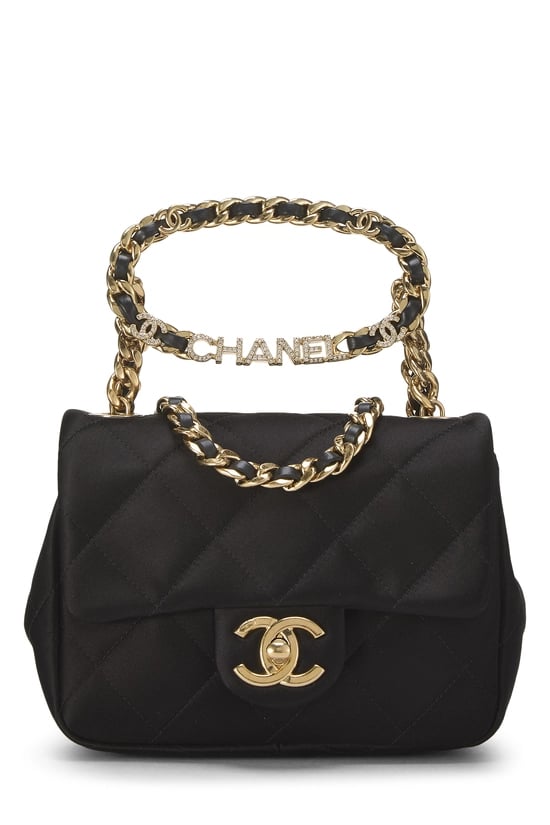 Black Satin Top Handle Flap Bag Mini