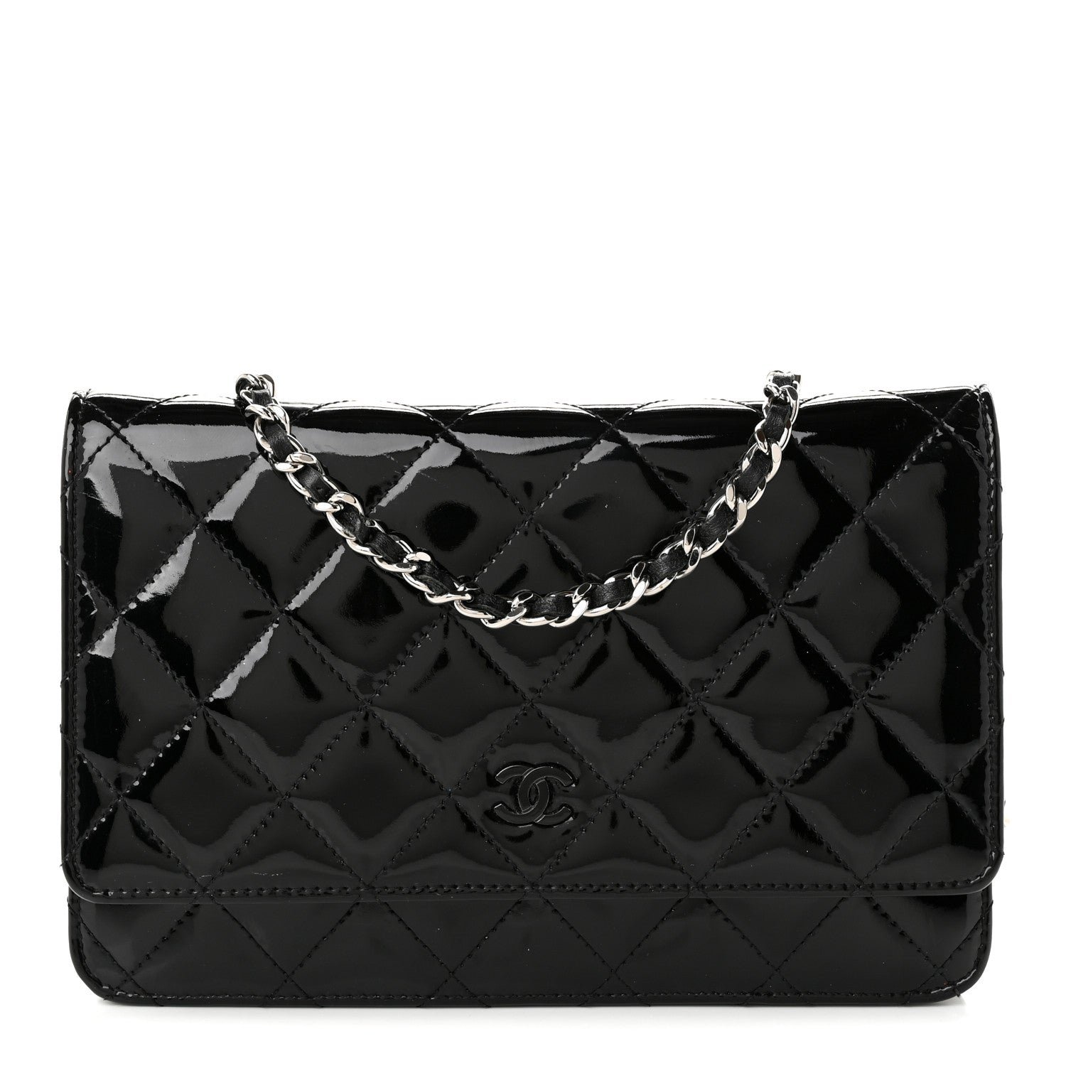 Chanel Patent Quilted Wallet On Chain WOC Black