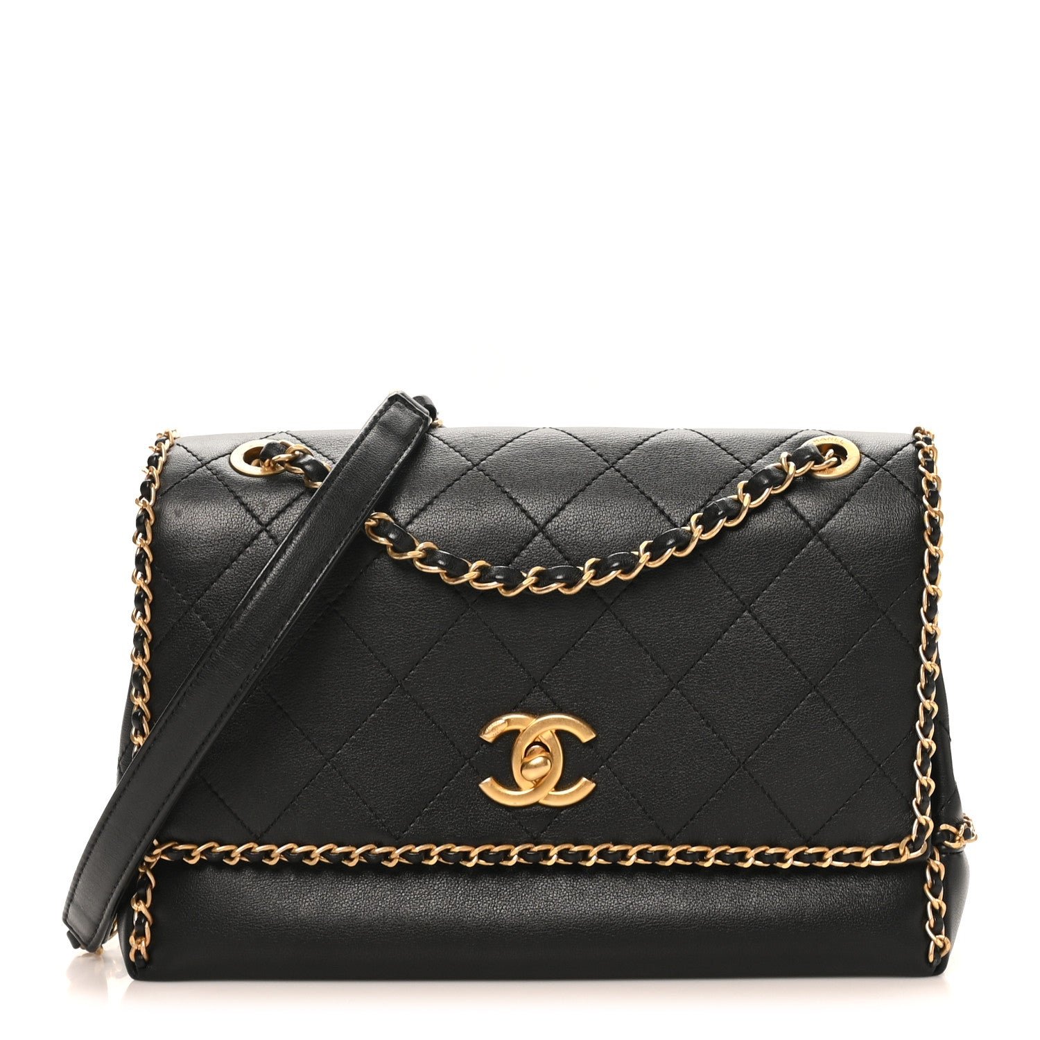 Chanel Calfskin Stitched Chain Flap Black