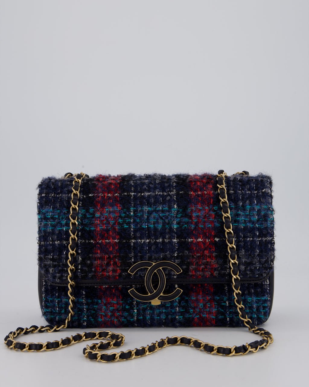 Chanel Coco Mark Double Flap Bag in Navy, Red and Purple Tweed with Navy Lambskin Trim and CC Logo Inlay Hardware