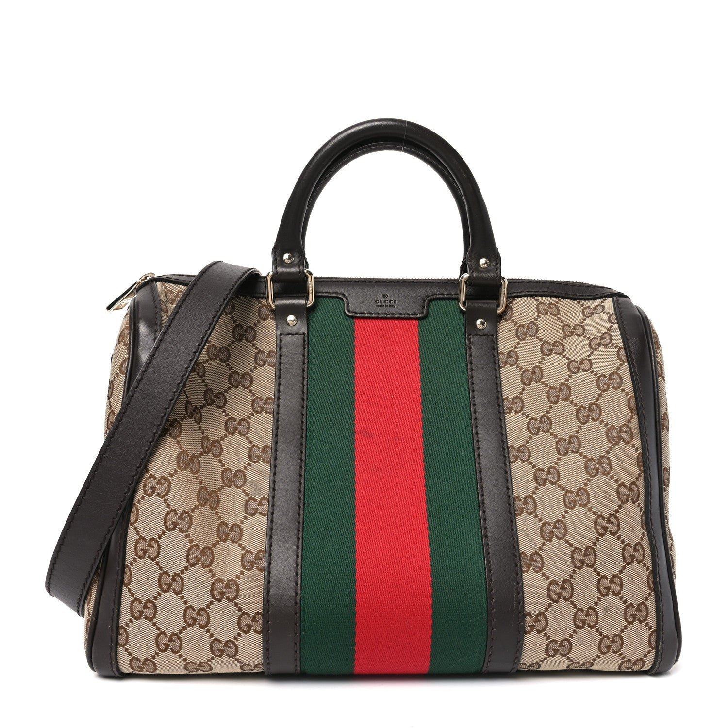 Gucci Monogram Selleria Calfskin Vintage Web Medium Boston Beige Ebony Cocoa