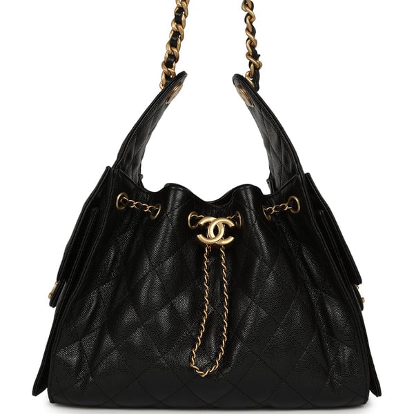 Pre-owned Chanel Small 25 Hobo Bag Black Caviar Antique Gold Hardware