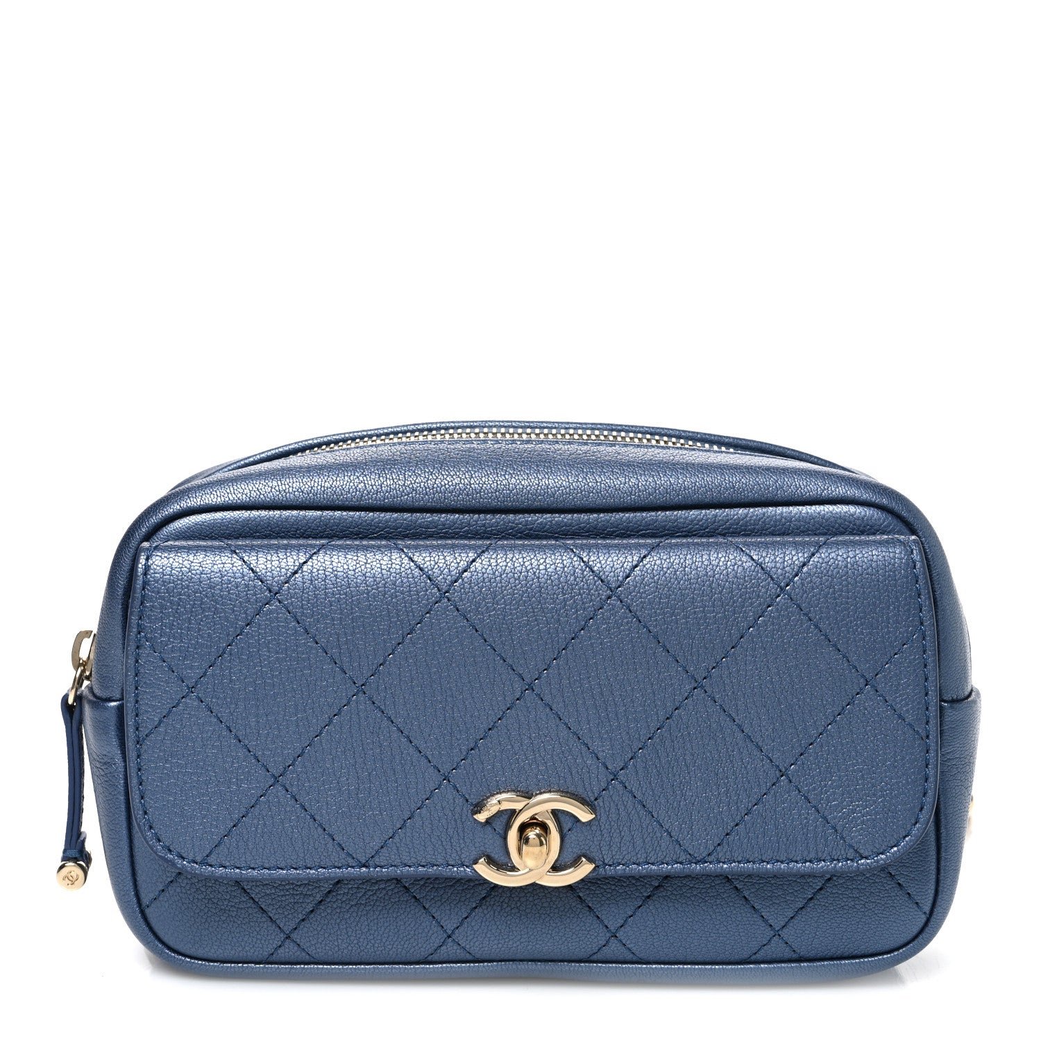 Chanel Metallic Goatskin Quilted Casual Trip Waist Bag Blue