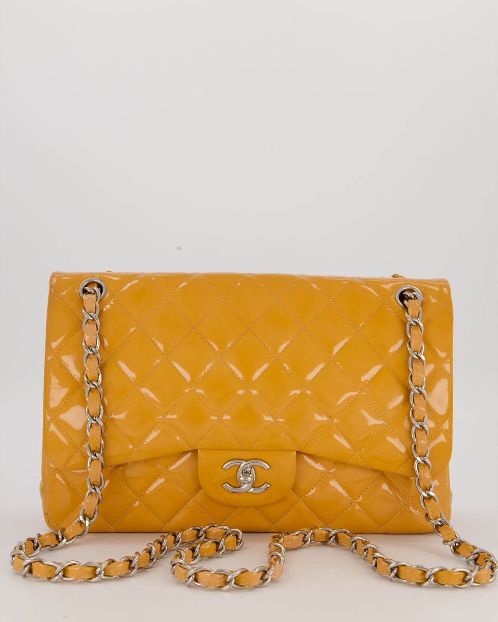 Chanel Orange Jumbo Classic Double Flap Bag in Patent Leather with Silver Hardware