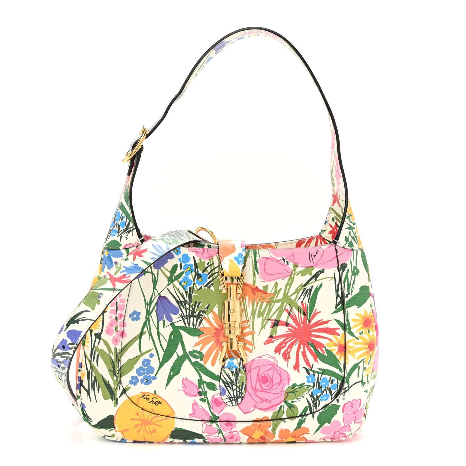 Gucci X KEN SCOTT New Shangai Calfskin Jardin D'Avril Floral Print Small Jackie 1961 Hobo Ivory Pink