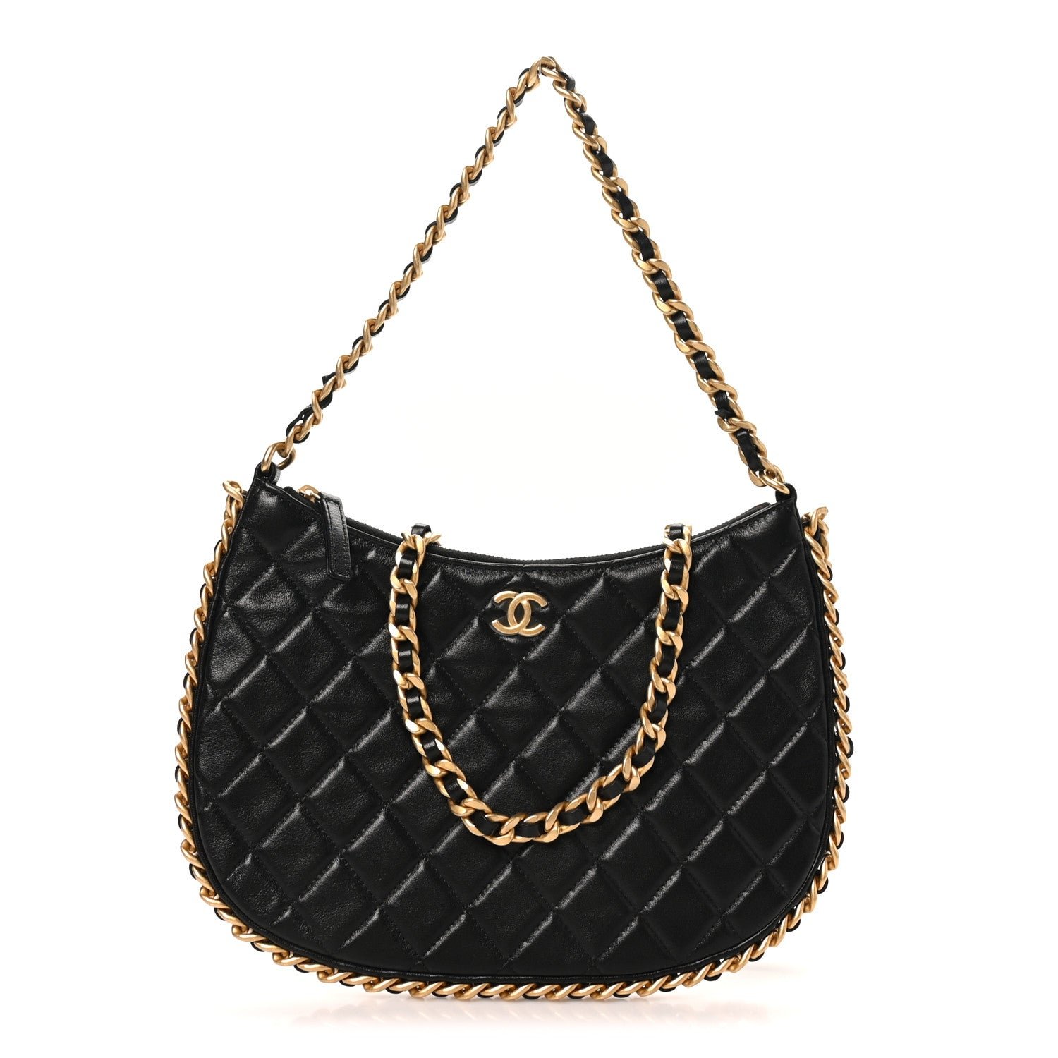 Chanel Shiny Crumpled Lambskin Quilted Large Trendy Chain Around Hobo Black