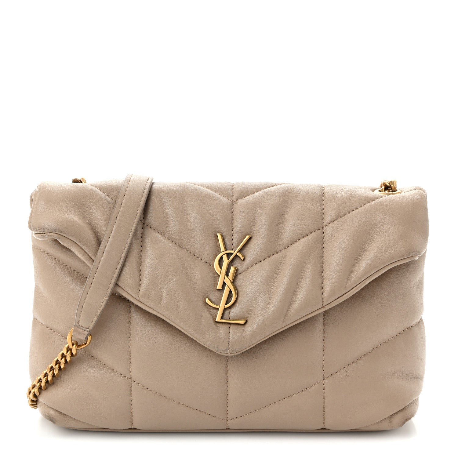 Saint Laurent Lambskin Quilted Toy Loulou Puffer Monogram Chain Satchel Nude Powder