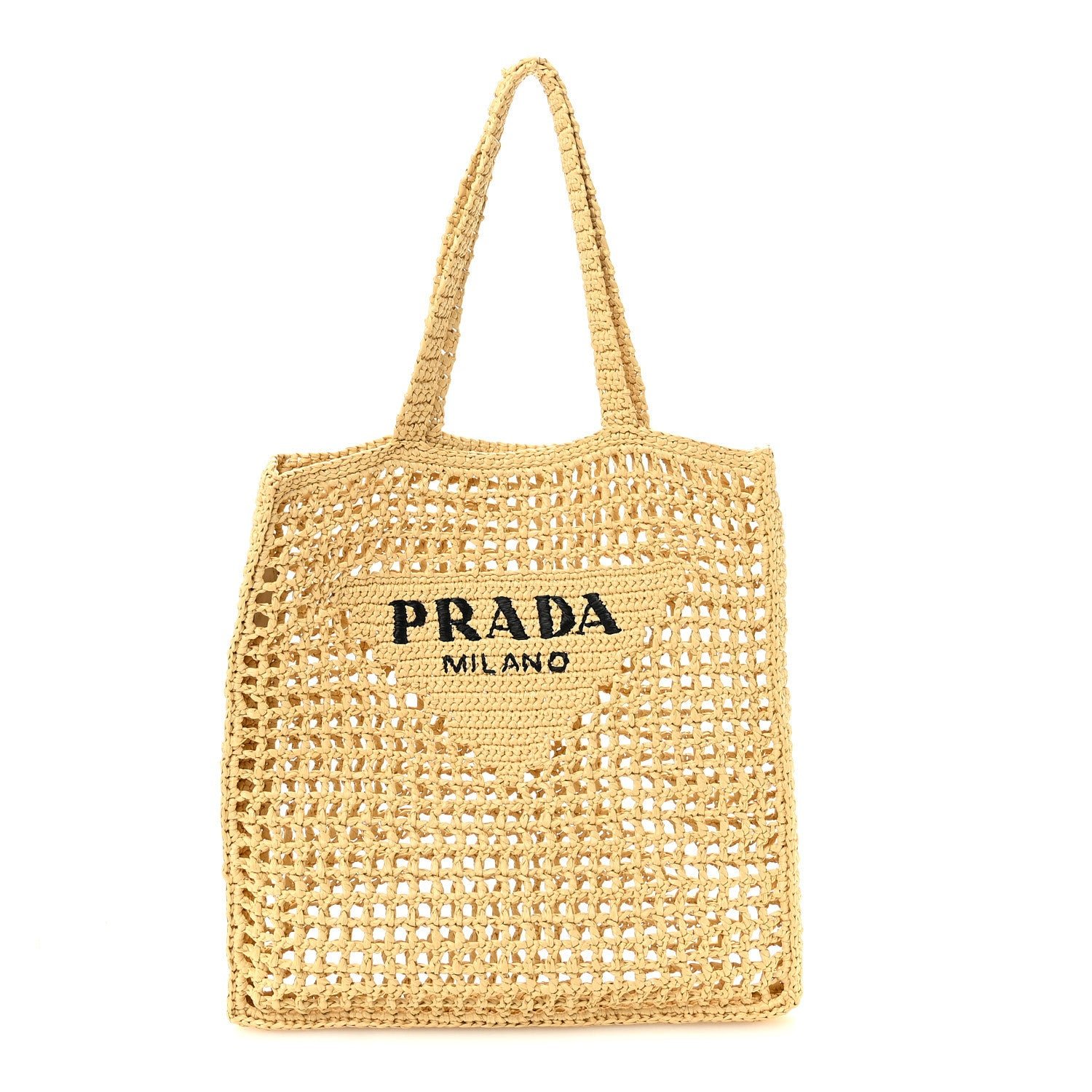 Prada Prada Yarn Raffia Effect Crochet Logo Embroidered Tote Bag Naturale