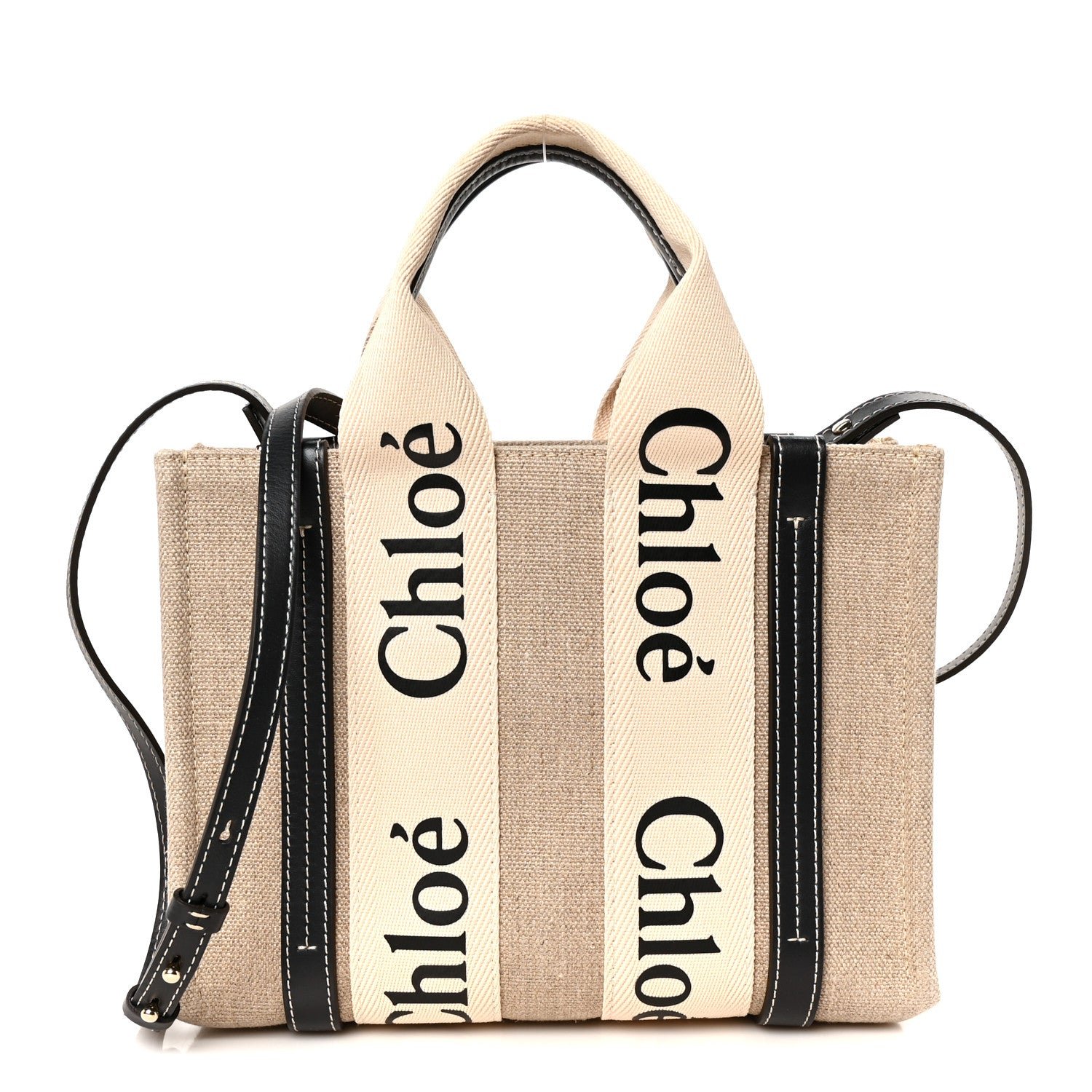 Chloe Cotton Calfskin Small Woody Ribbon Tote With Strap White Navy