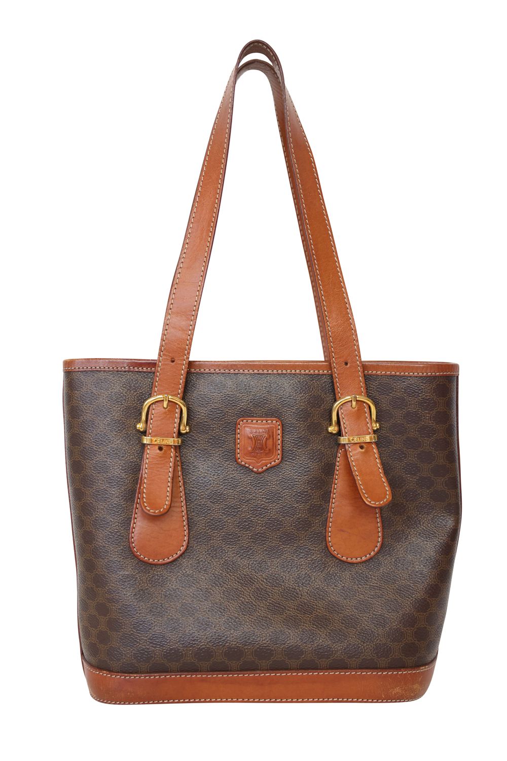 Celine Bucket Tote Small Bag, Brown Macadam Canvas and Tan Leather with Gold Hardware, Preowned No Dustbag WA001