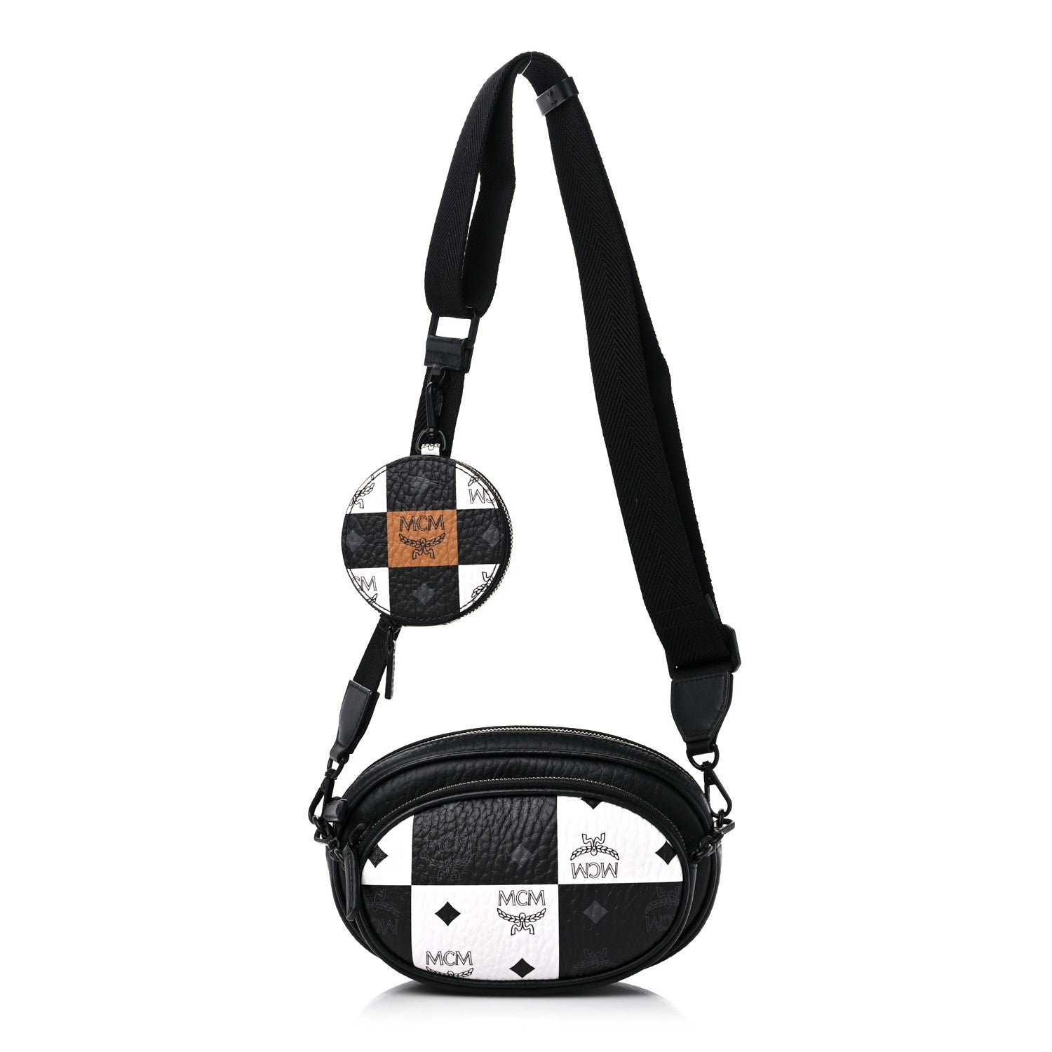 MCM Checkerboard Visetos Small Aren Multifunction Crossbody Pouch Black White