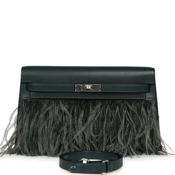Hermes Kelly Elan Foile Vert Cypress Chevre Chamkila and Ostrich Feathers Palladium Hardware