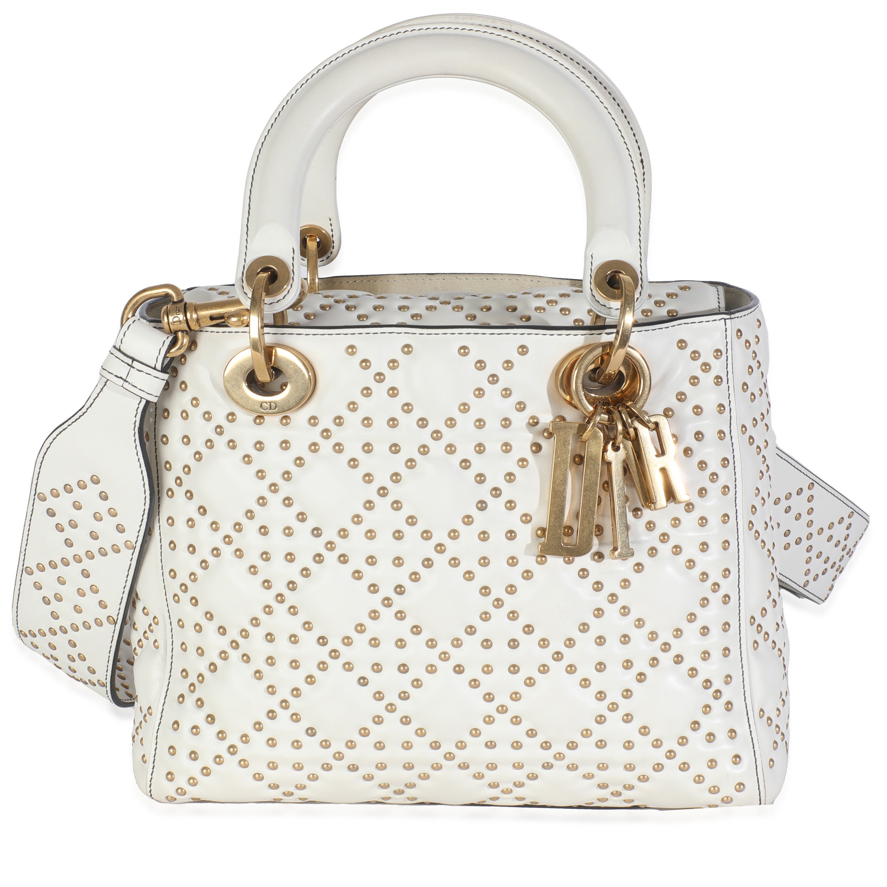 Dior White Cannage Supple Studded Calfskin Medium Lady Dior