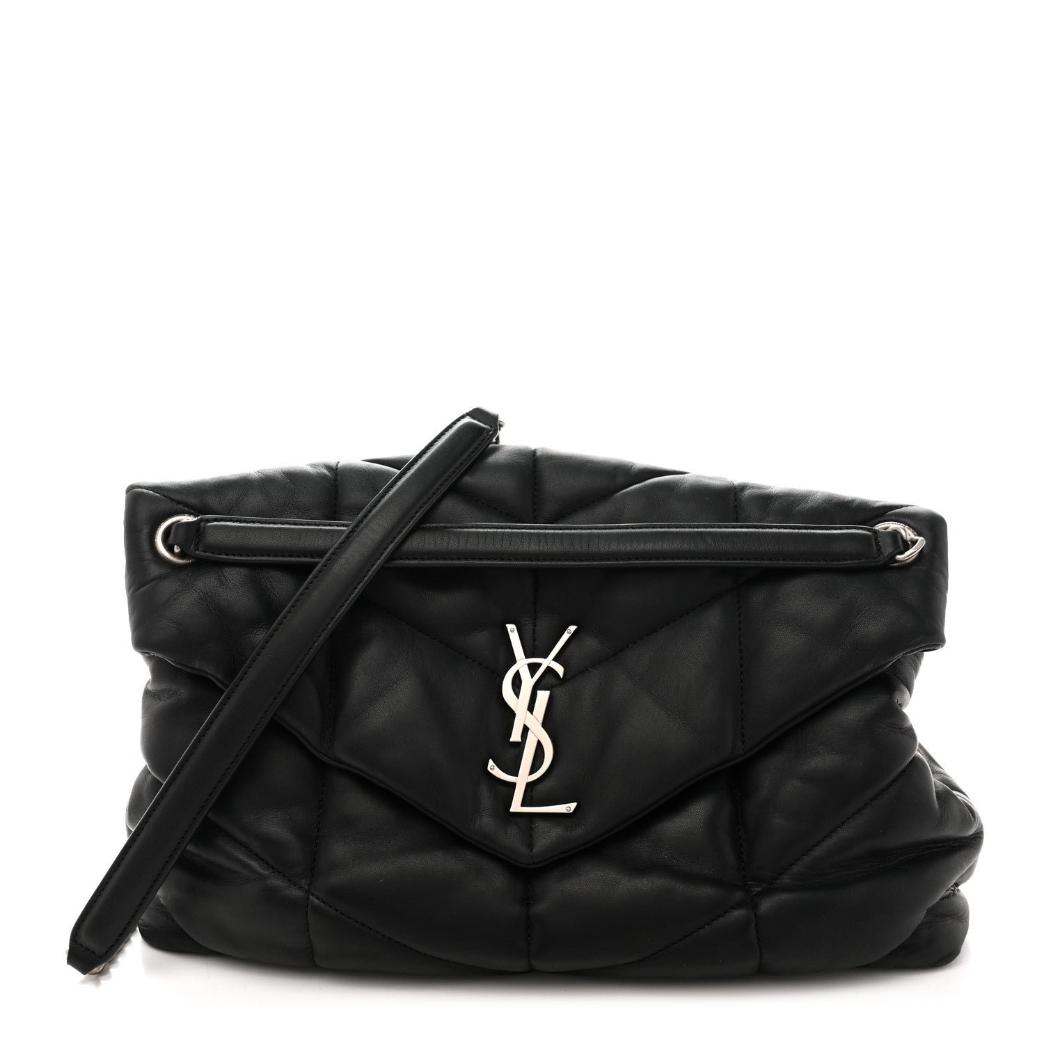Saint Laurent Lambskin Quilted Medium Loulou Puffer Monogram Chain Satchel Black