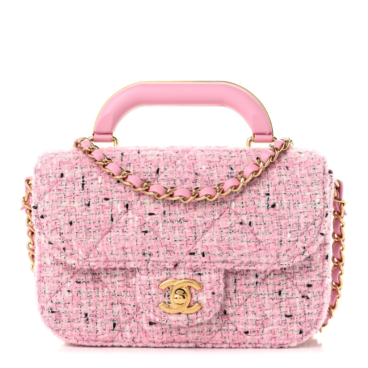 Chanel Tweed Quilted Mini Top Handle Flap Pink Black Ecru