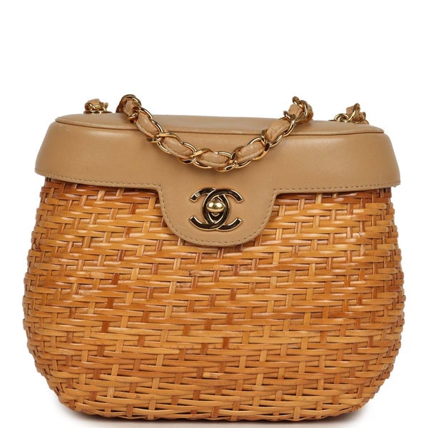Vintage Chanel Basket Bag Beige Lambskin and Rattan Wicker Gold Hardware