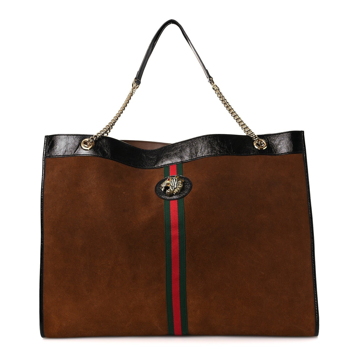 Gucci Suede Patent Maxi Rajah Chain Tote Nocciola Black