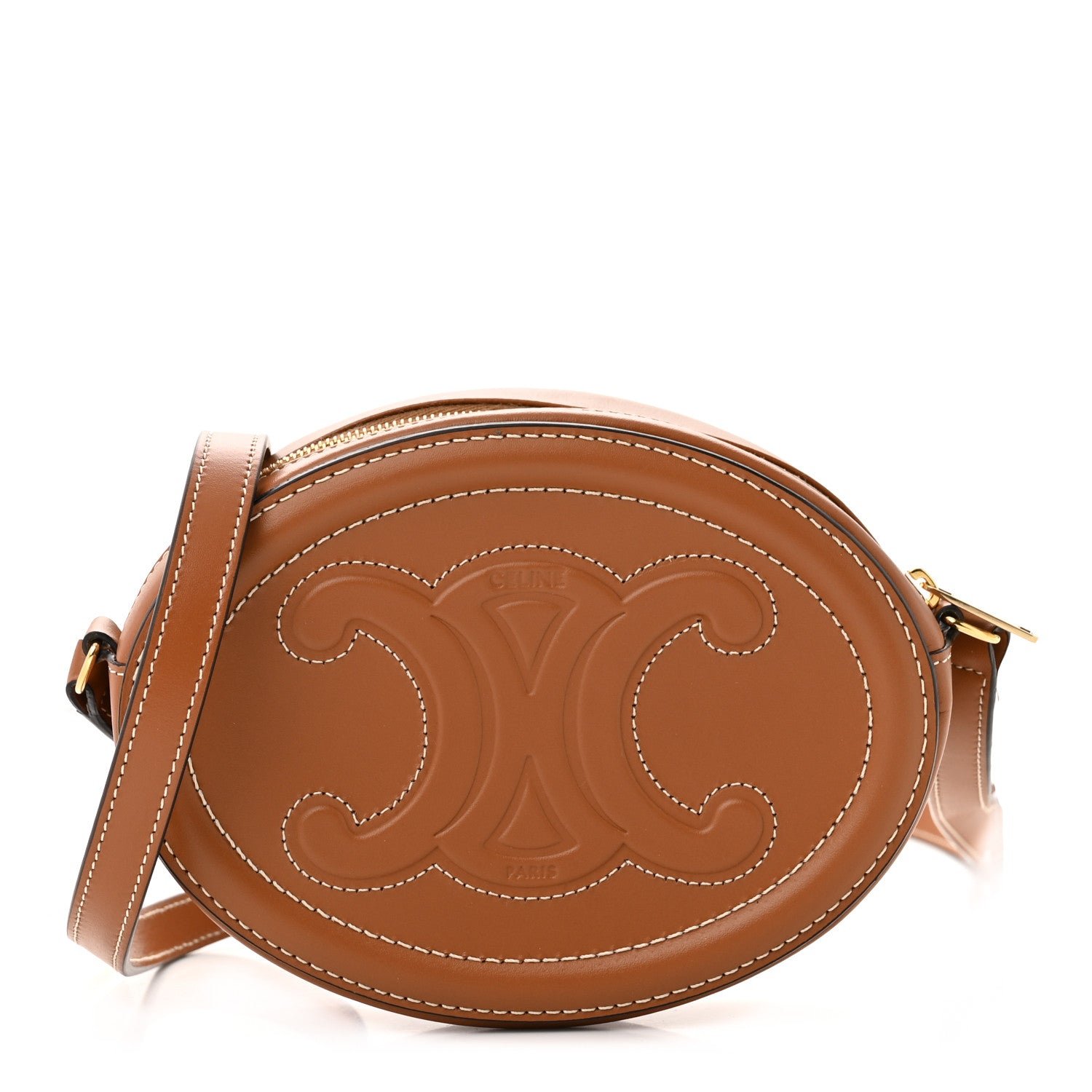 Celine Smooth Calfskin Cuir Small Triomphe Oval Crossbody Purse Tan