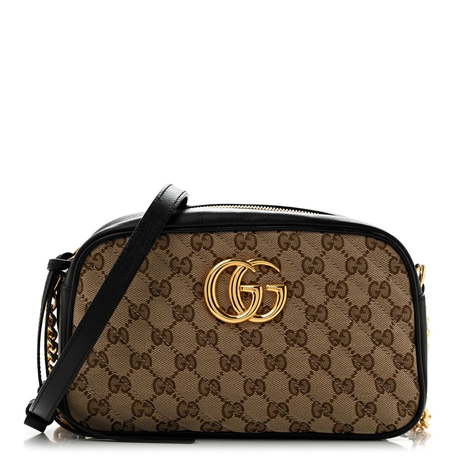 Gucci Monogram Matelasse Diagonal Small GG Marmont Chain Shoulder Bag Beige Black