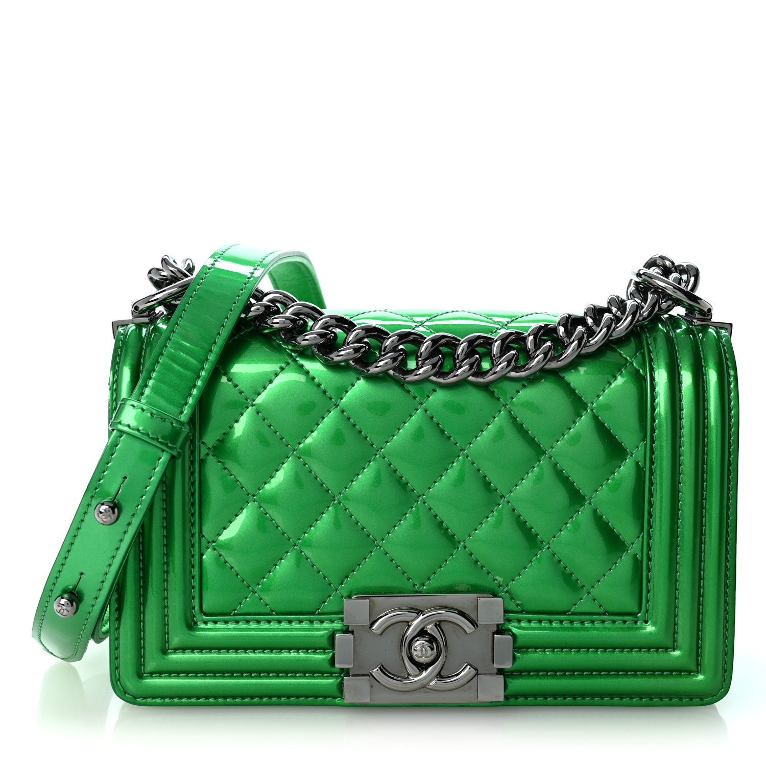 Chanel Metallic Patent Calfskin Quilted Small Boy Flap Green