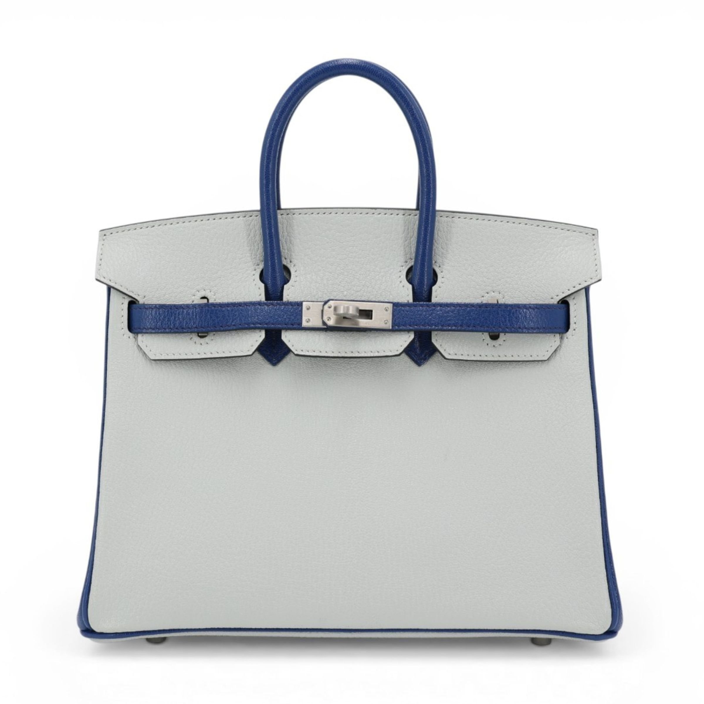 Excellent ( Rank SA ) HERMÈS Special Order Birkin 25 Bleu Saphir (73) Gris Perle (80) Chevre Brushed Palladium Y (2020)