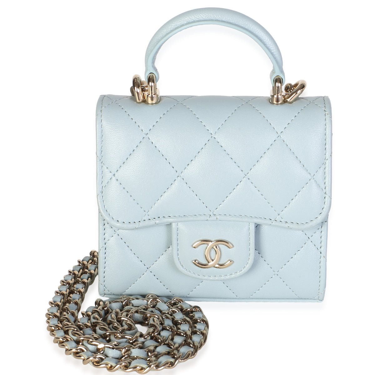Light Blue Quilted Lambskin Mini Top Handle Clutch With Chain