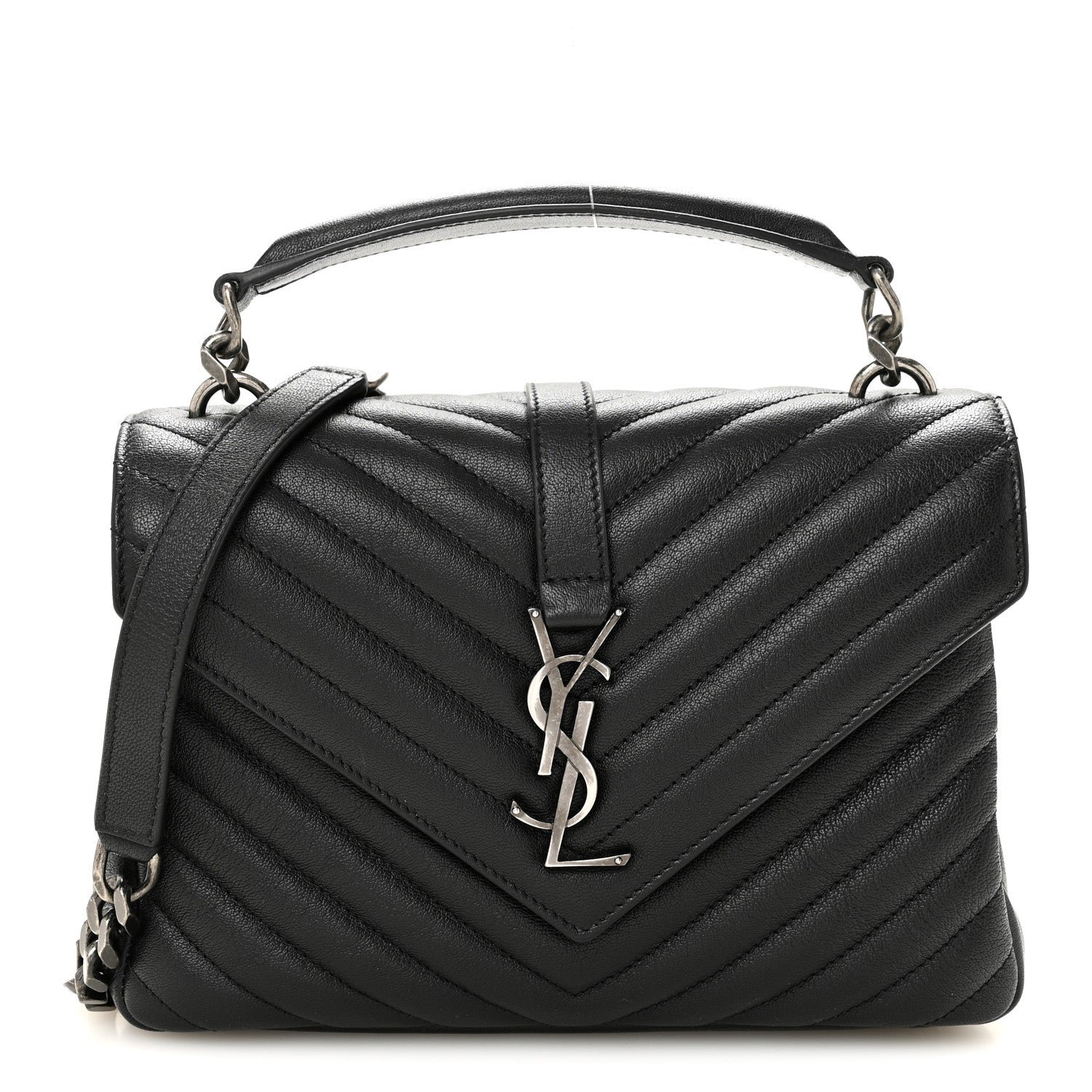 Saint Laurent Sheepskin Matelasse Chevron Monogram Medium College Bag Black