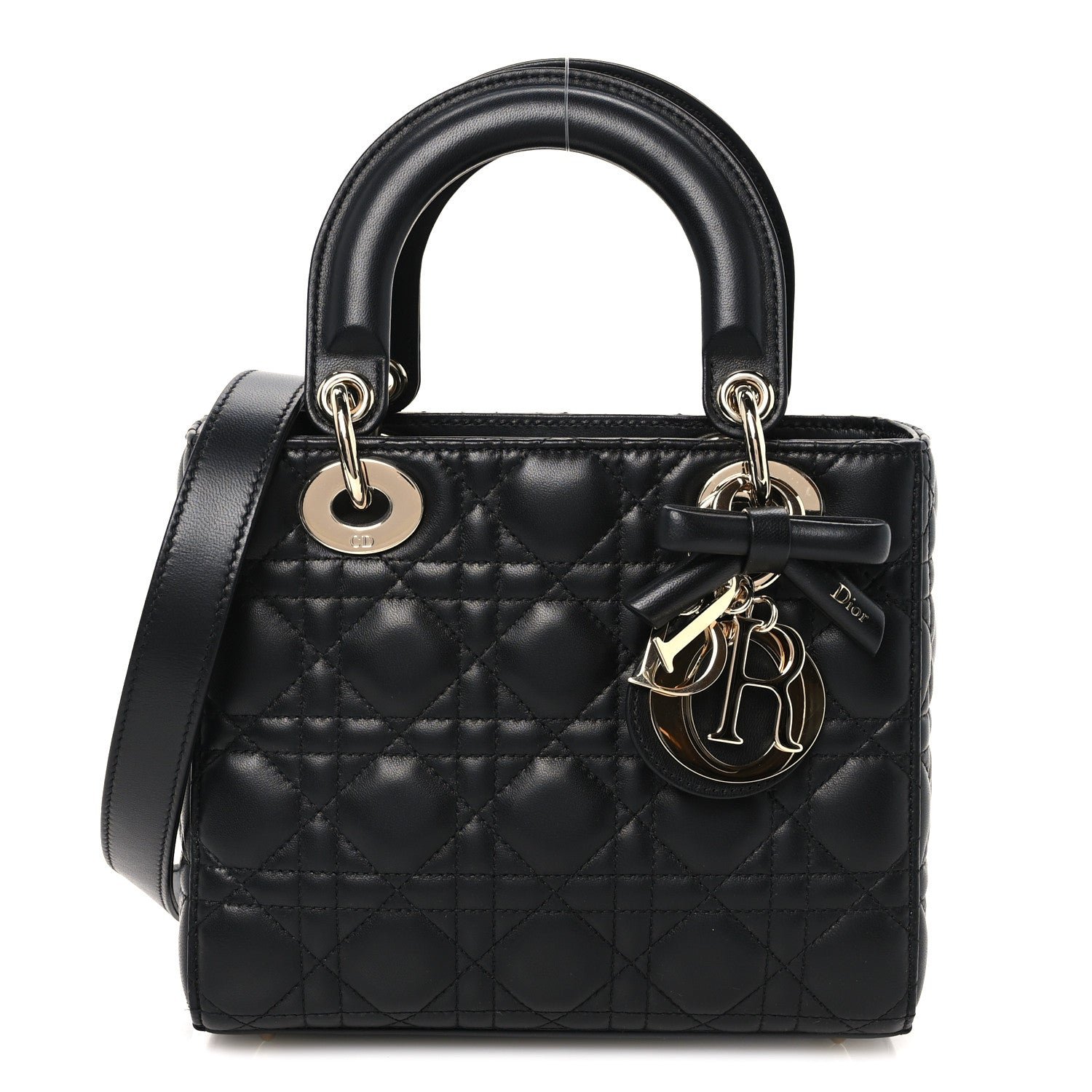 Christian Dior Lambskin Cannage Small Lady Dior With Strap Black