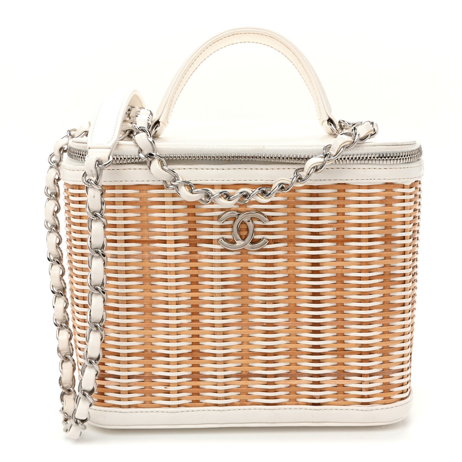 Chanel Glazed Calfskin Raffia Vanity Case Bag White Beige