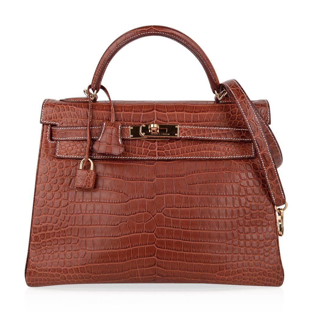 Hermes Kelly 32 Bag Matte Fauve Barenia Porosus Crocodile old Hardware