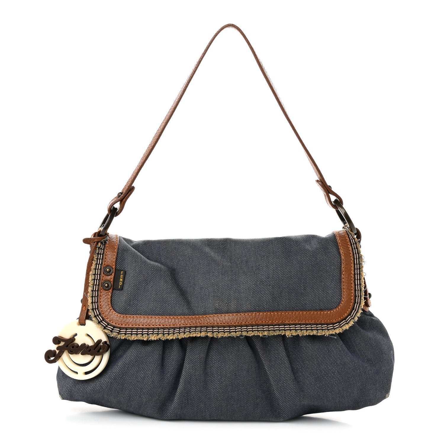 Fendi Denim Small Media Jeans Chef Shoulder Bag Blue Cuoio