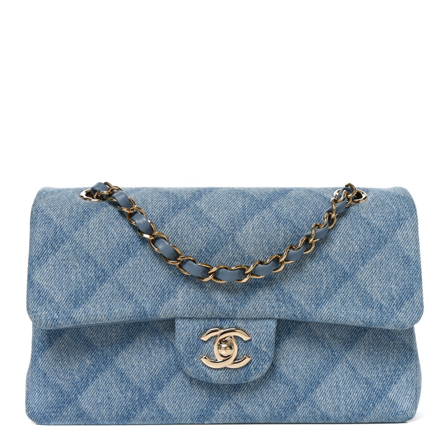 Chanel Printed Denim Quilted Small Double Flap Light Blue