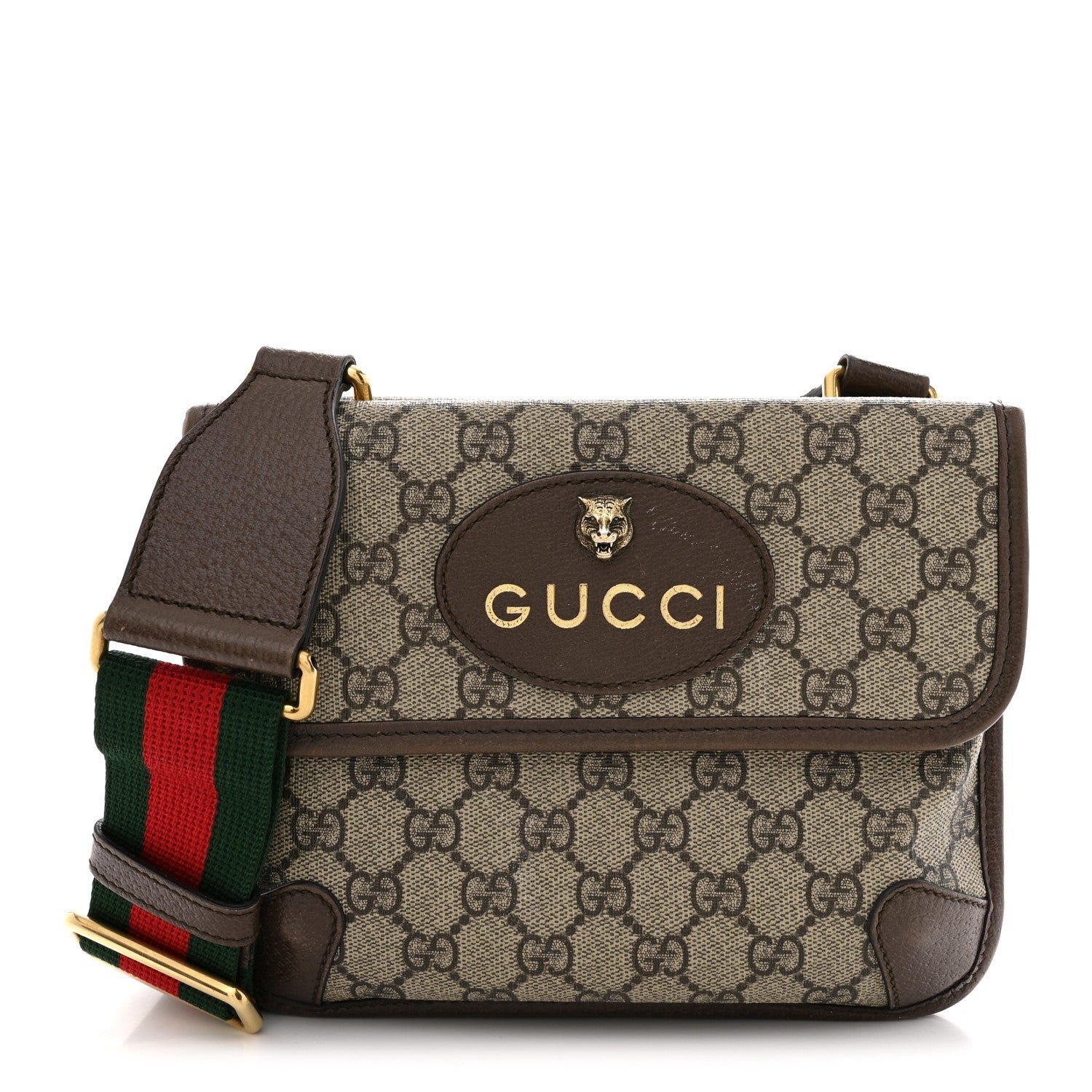 Gucci GG Supreme Monogram Web Small Neo Vintage Double Flap Messenger Bag Beige New Acero