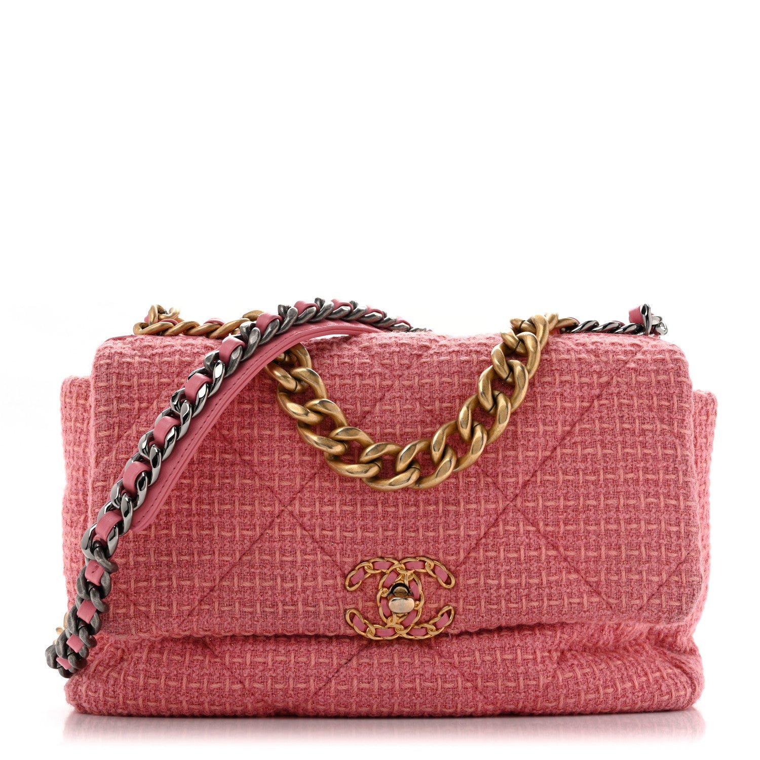 Chanel Metallic Tweed Quilted Large Chanel 19 Flap Pink