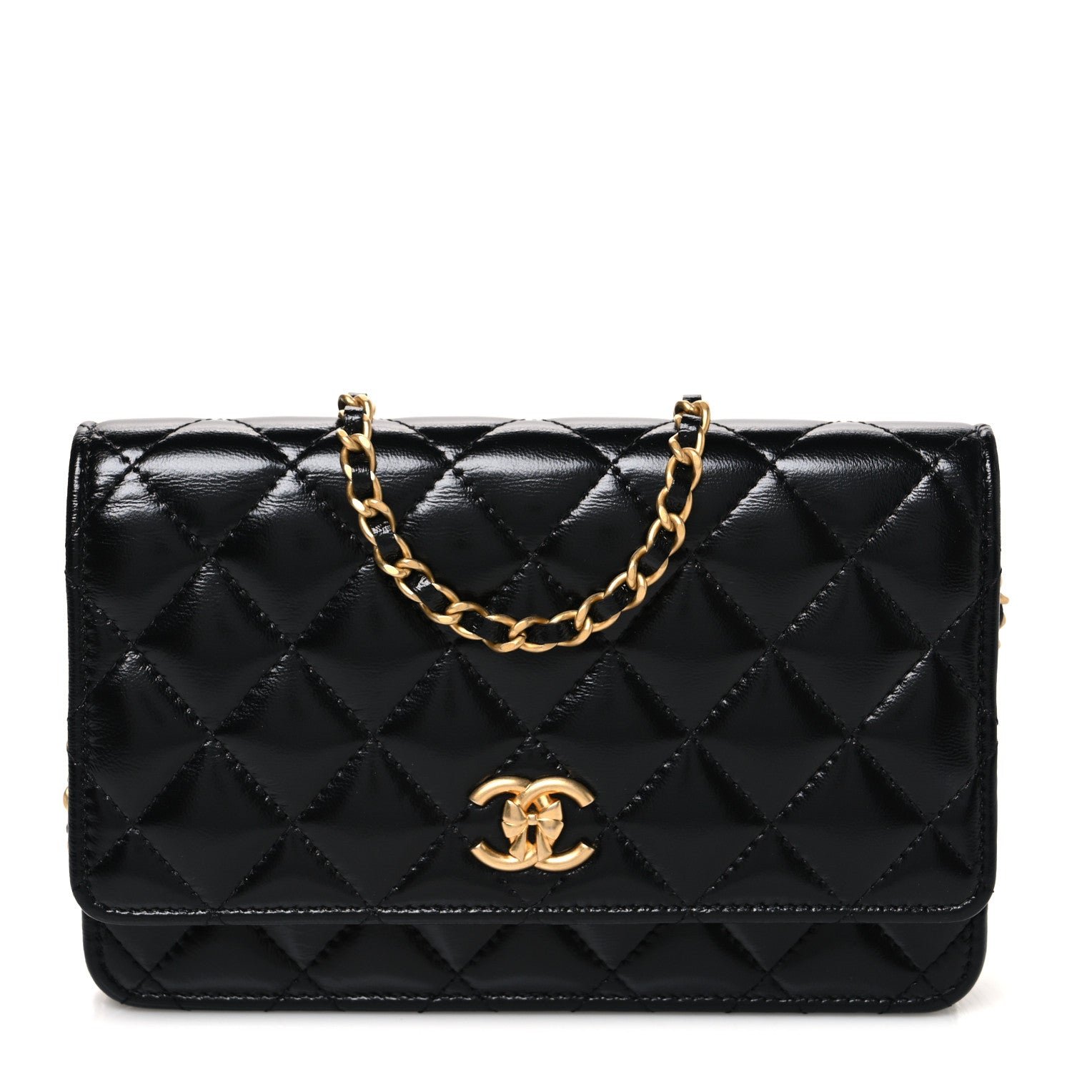 Chanel Shiny Lambskin Quilted CC Bow Wallet on Chain WOC Black