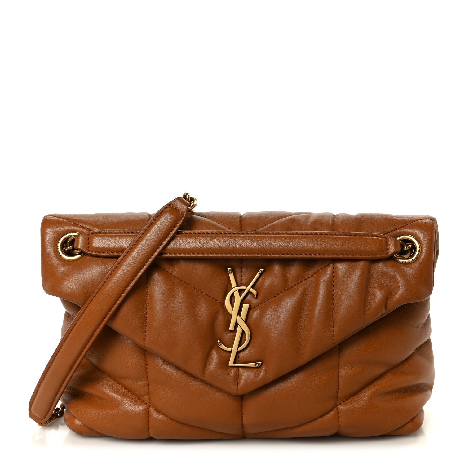 Saint Laurent Lambskin Quilted Small Loulou Puffer Monogram Chain Satchel Dark Honey
