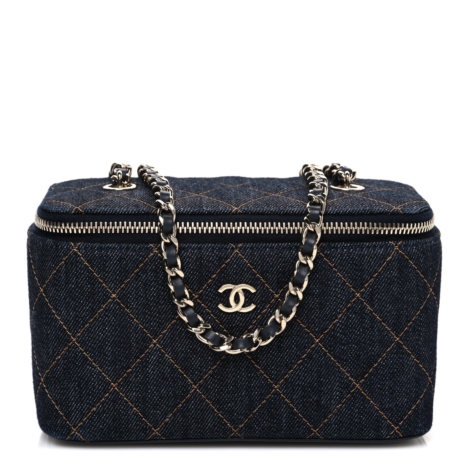 Denim Quilted Small Vanity Case With Chain Dark Blue Orange