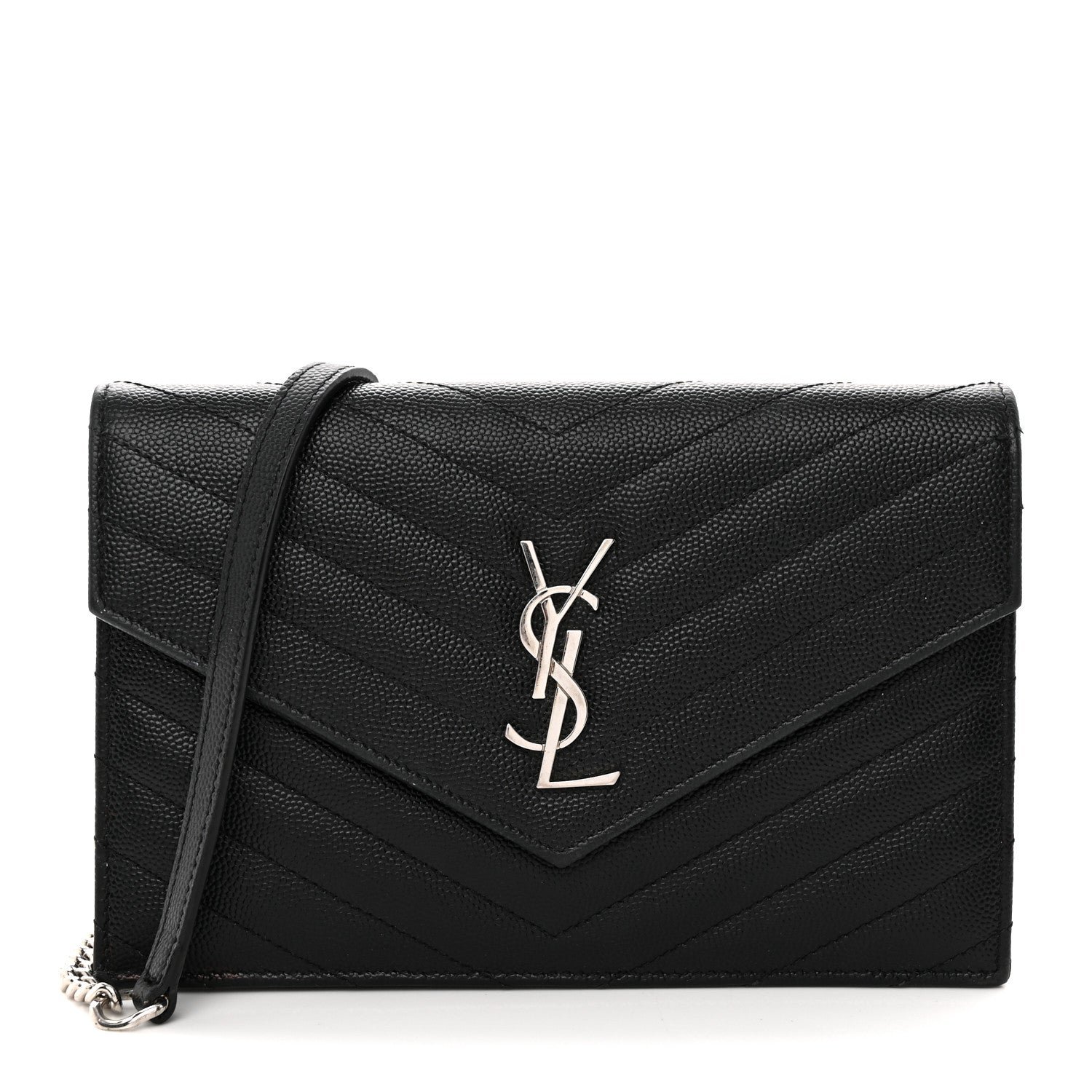 Saint Laurent Grain De Poudre Matelasse Chevron Monogram Envelope Chain Wallet Black