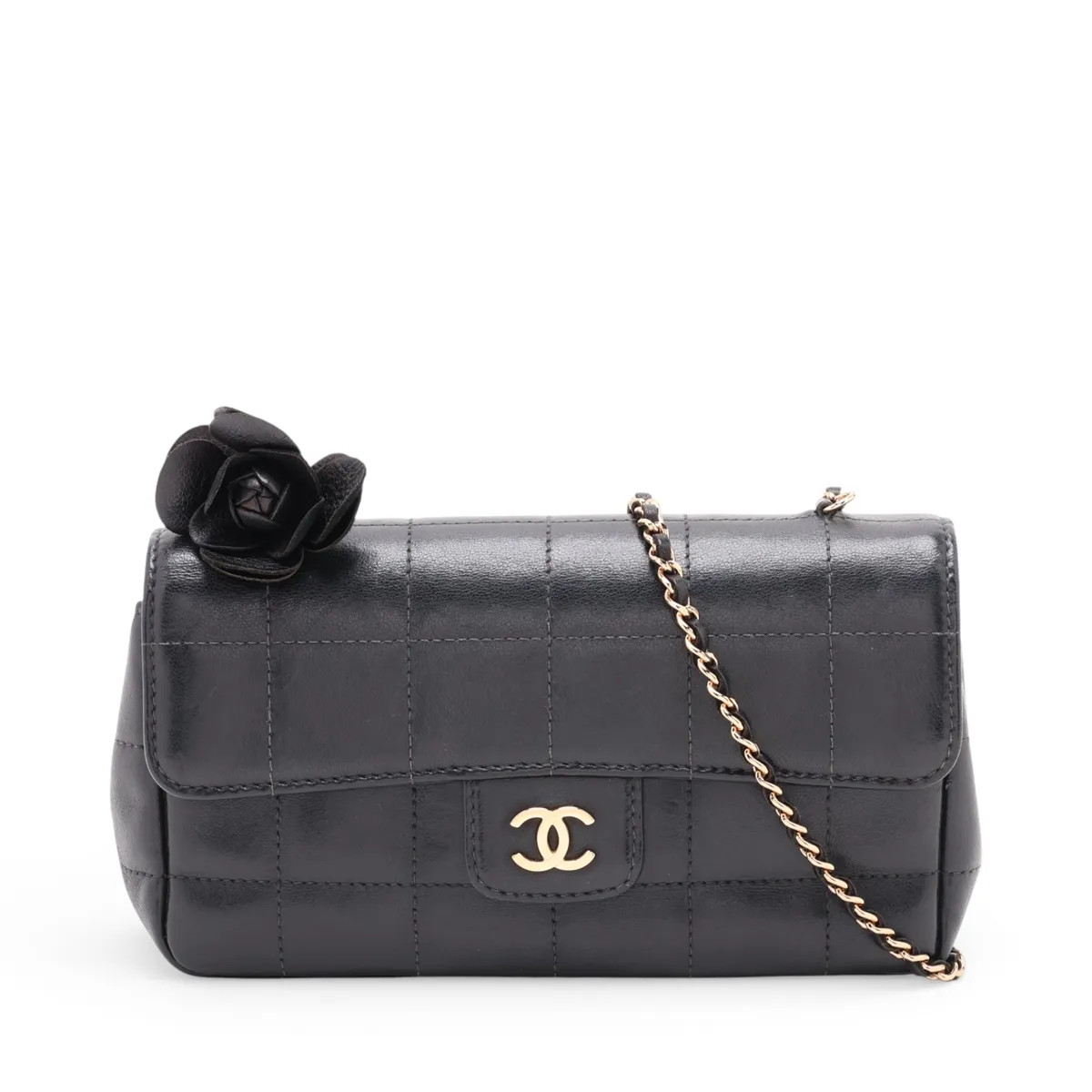 Chanel Chocolate Bar Lambskin Chain Shoulder Bag Camelia Black Gold Metal Fittin