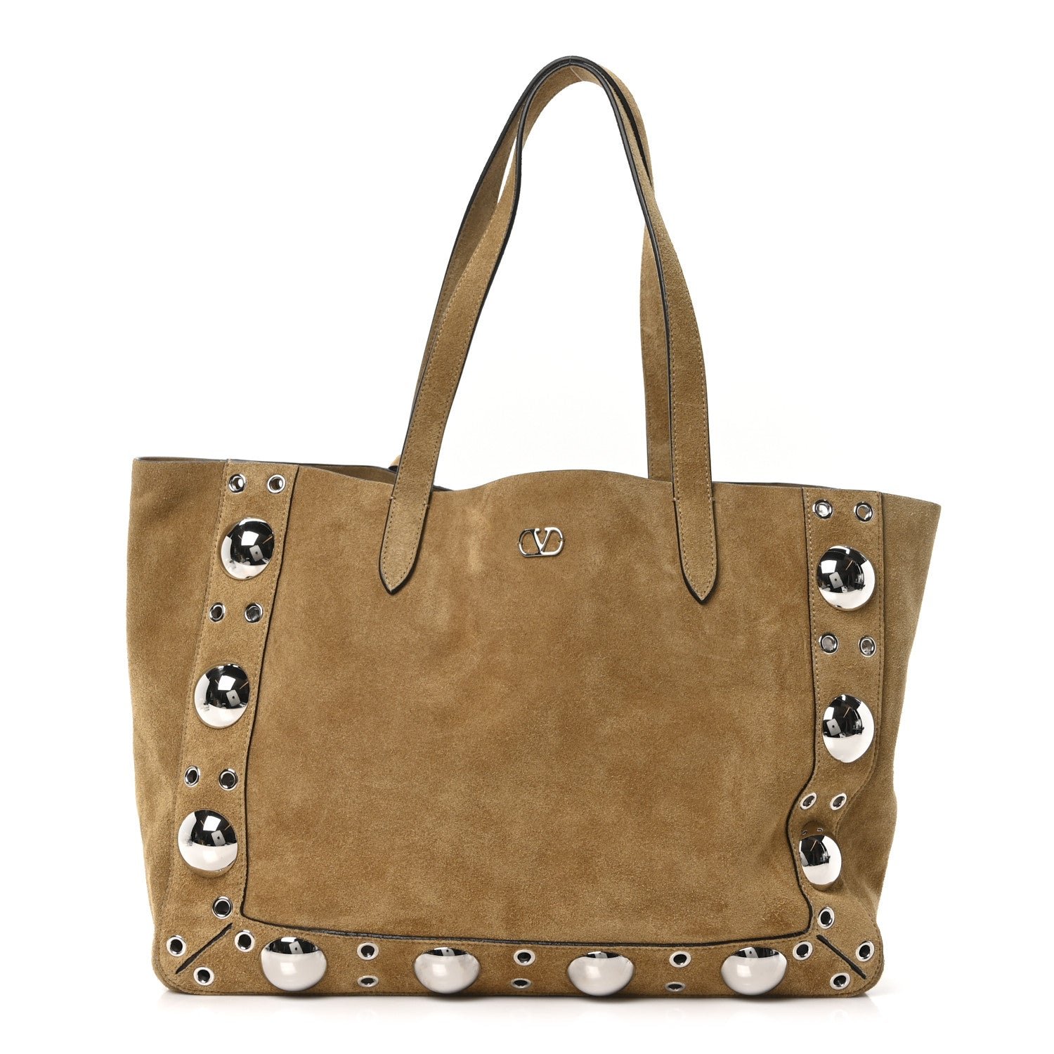 Valentino Garavani Suede Studded Medium Nellcote Shopping Tote Camel