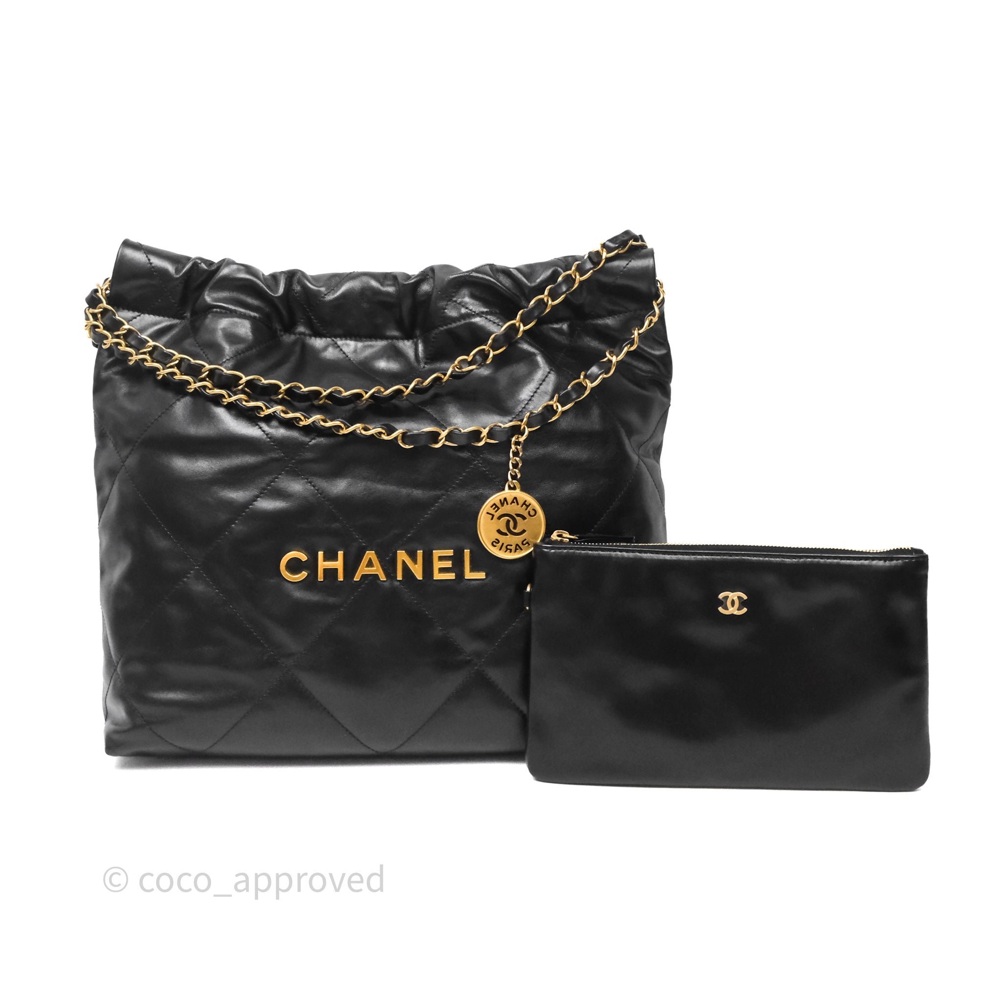 Chanel 22 Bag Small Black Shiny Crumpled Calfskin Aged Gold Hardware
