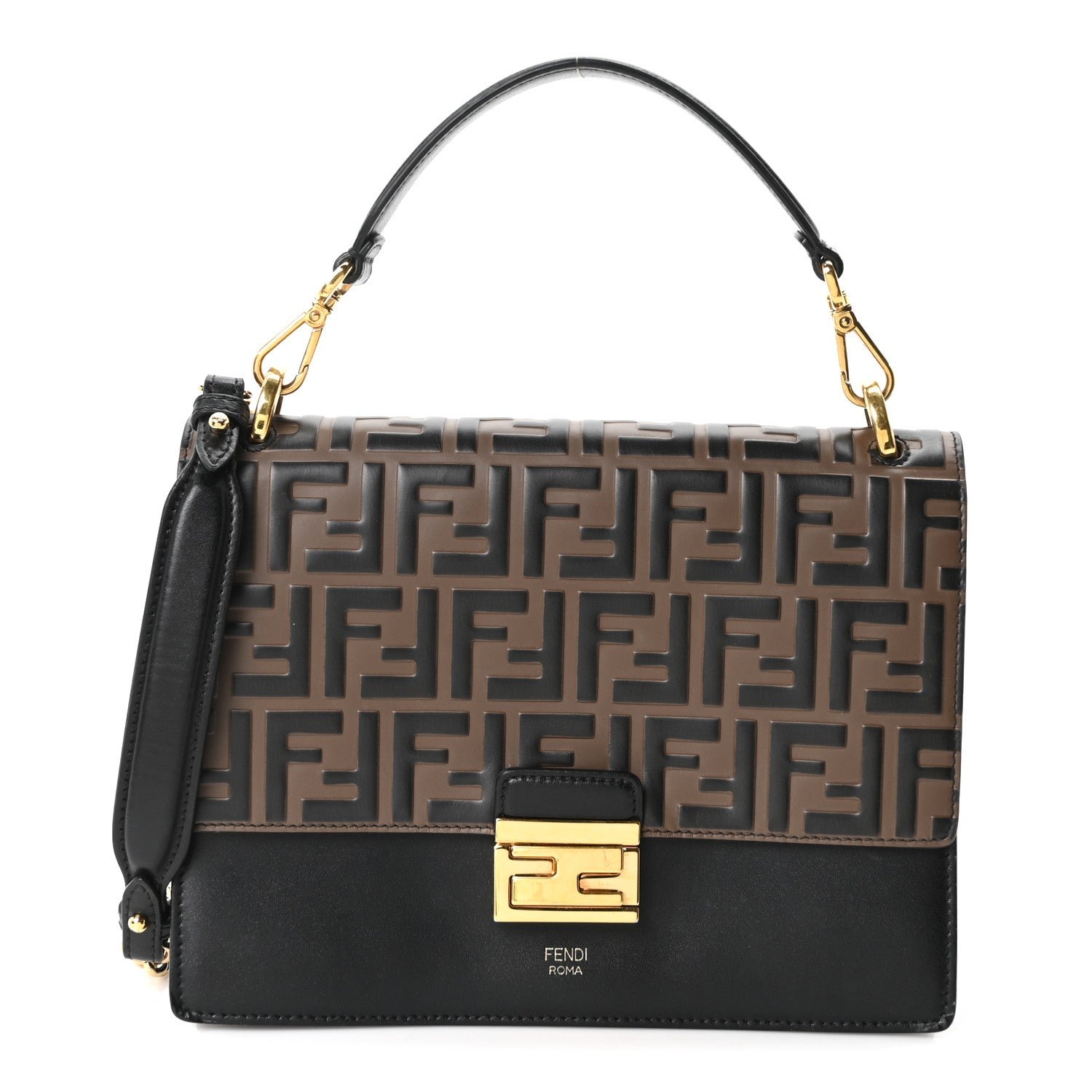 Fendi Vitello Liberty Bi-Color FF 1974 Embossed Chain Strap Kan U Shoulder Bag Black Maya