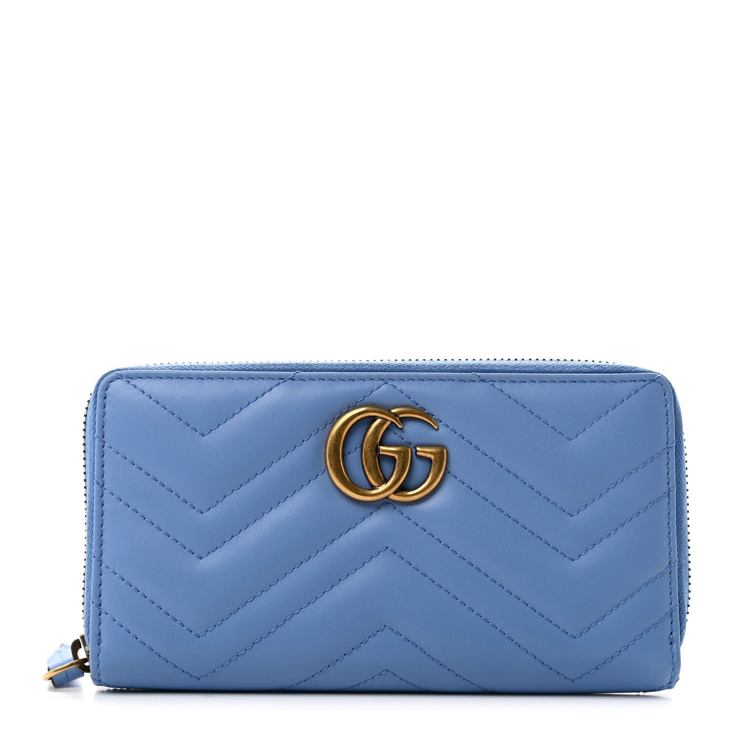 Gucci Calfskin Matelasse GG Marmont Zip Around Wallet Clear Sky Blue