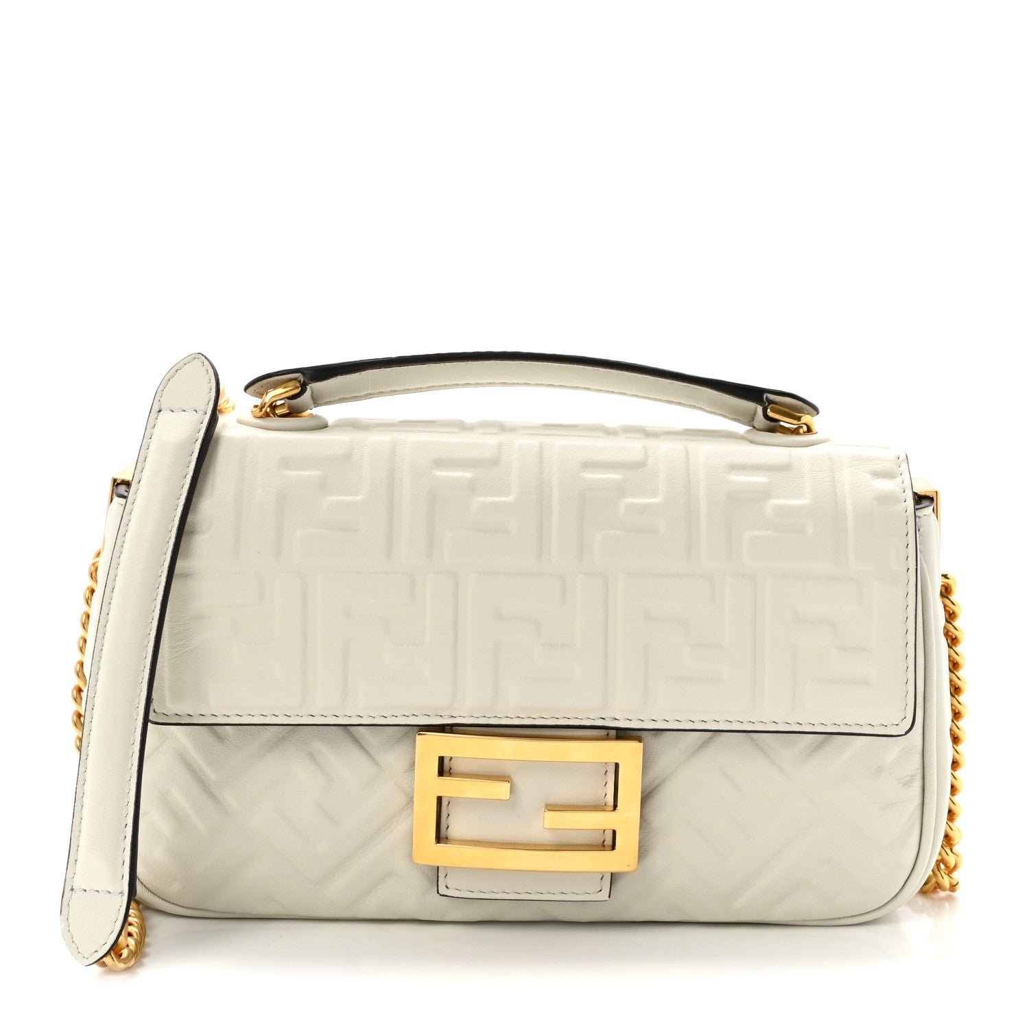 Fendi Nappa Small FF Embossed Midi Chain Baguette White